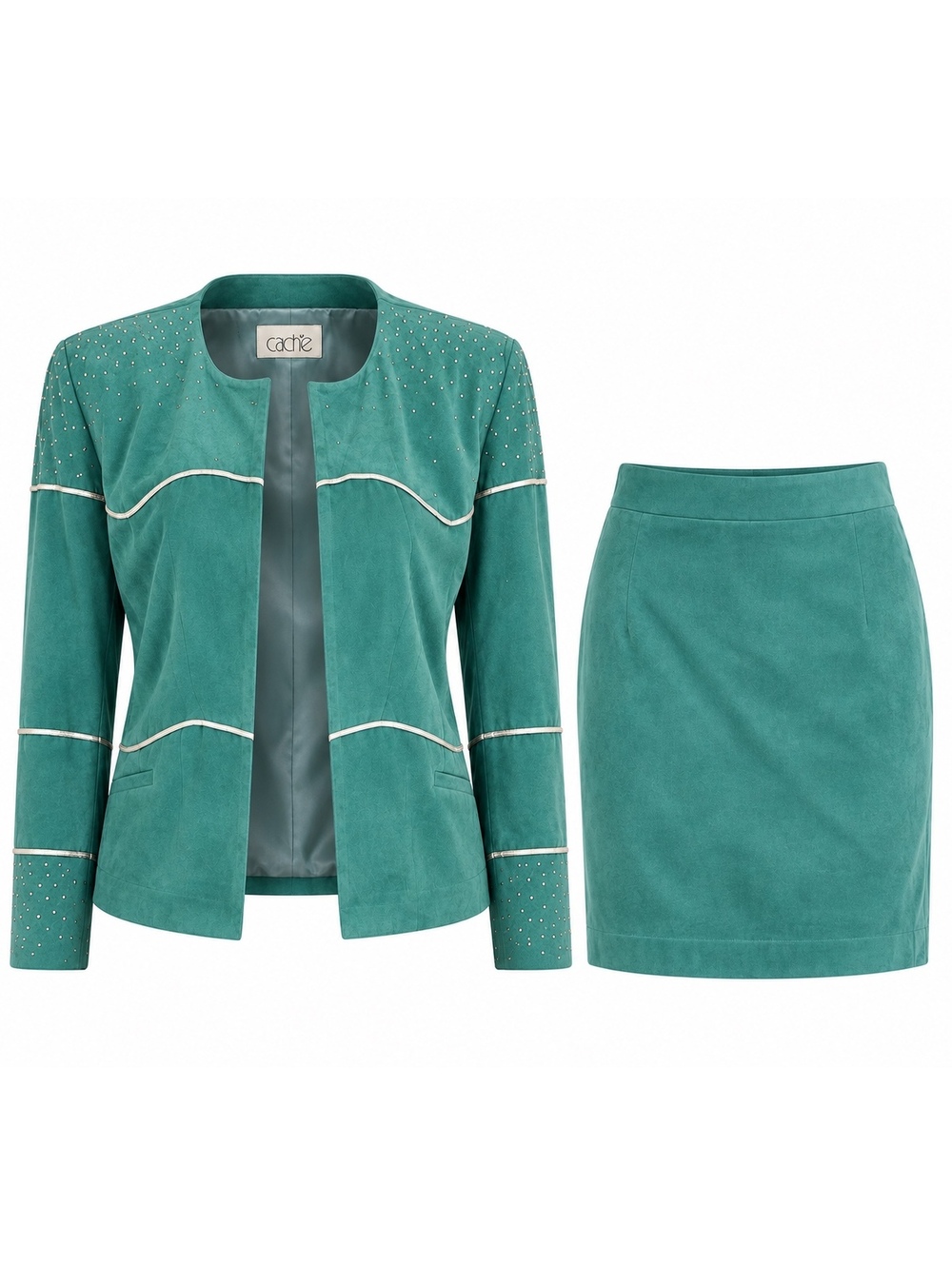 Vintage Cache Teal Suede Rhinestone-Embellished Jacket & Skirt Set